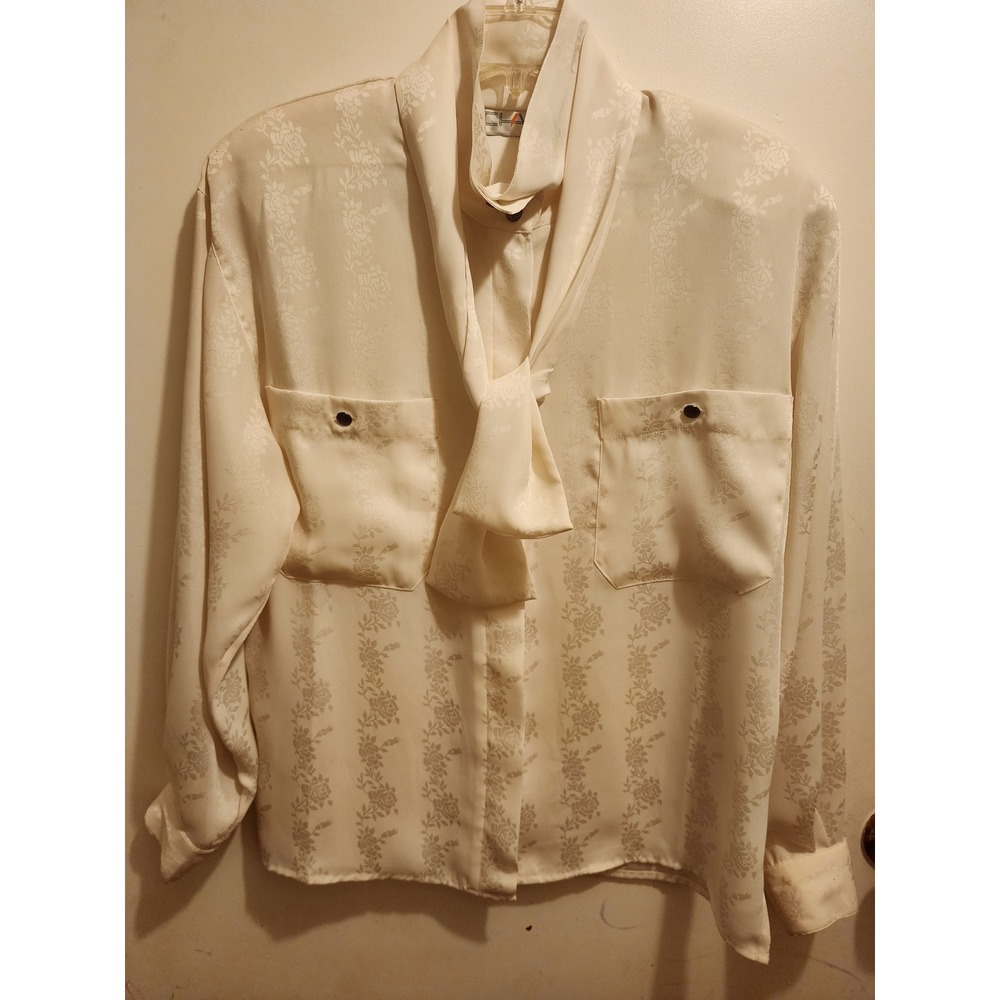Chaus Vintage Cream Floral Jacquard Tie Neck Blouse Long Sleeve Off White Top